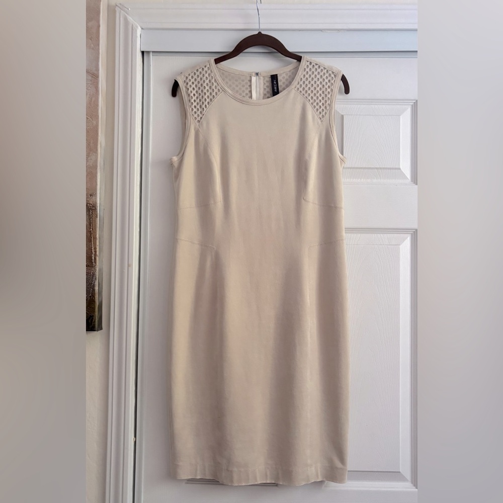Marc Cain Tan Cream Sleeveless Sheath Midi Dress